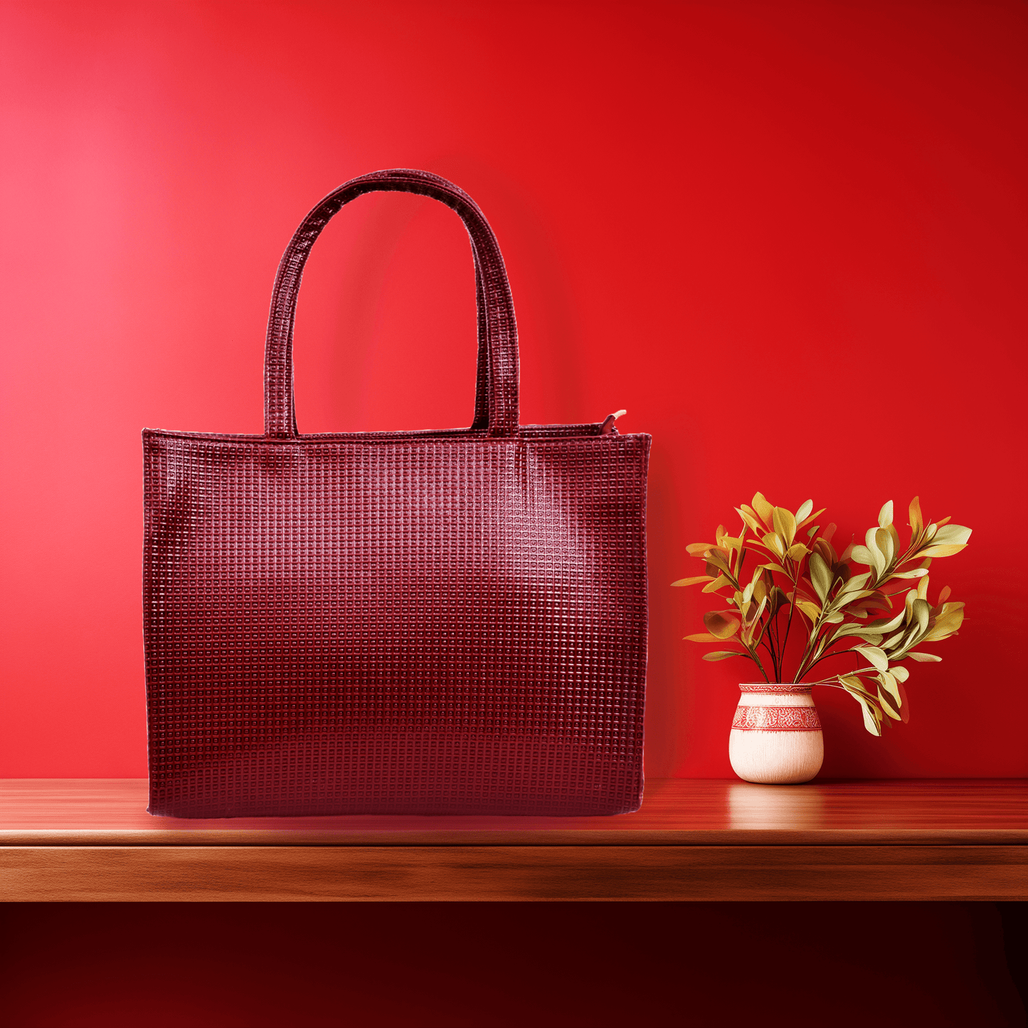 Shilpikraft Exclusive Tote Bag, Maroon Grid Pattern PU Leather bag - Shilpikraft Bags