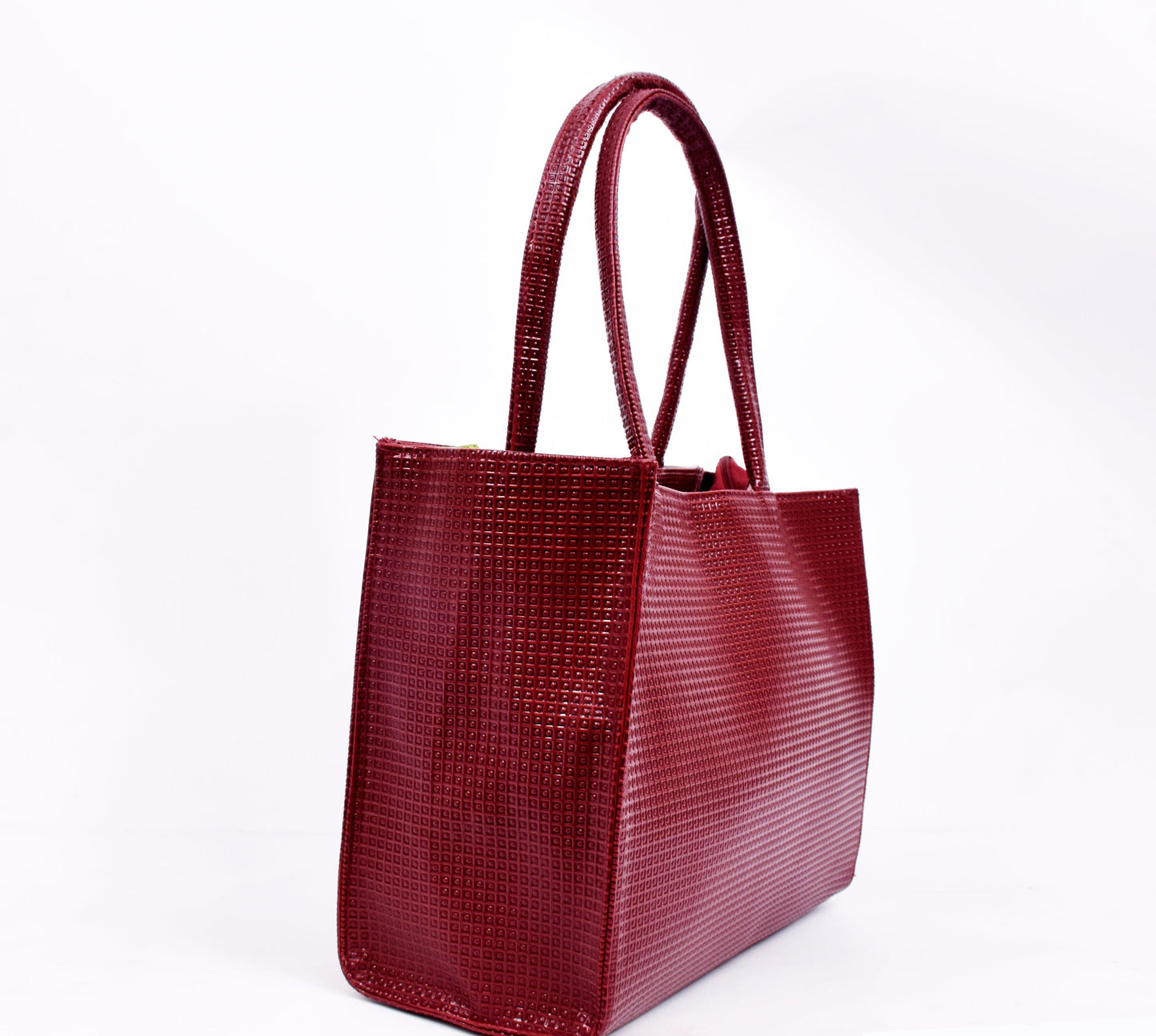 Shilpikraft Exclusive Tote Bag, Maroon Grid Pattern PU Leather bag - Shilpikraft Bags