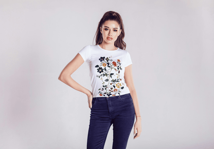 Shilpikraft Floral Women's T-Shirt | 100% Indian Cotton | White - UNIPOKO